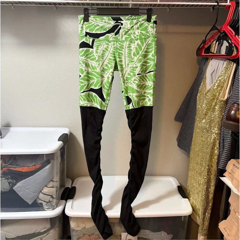Alo Yoga High-Waist Goddess Leggings Green Palm Print Black Ribbed SMALL